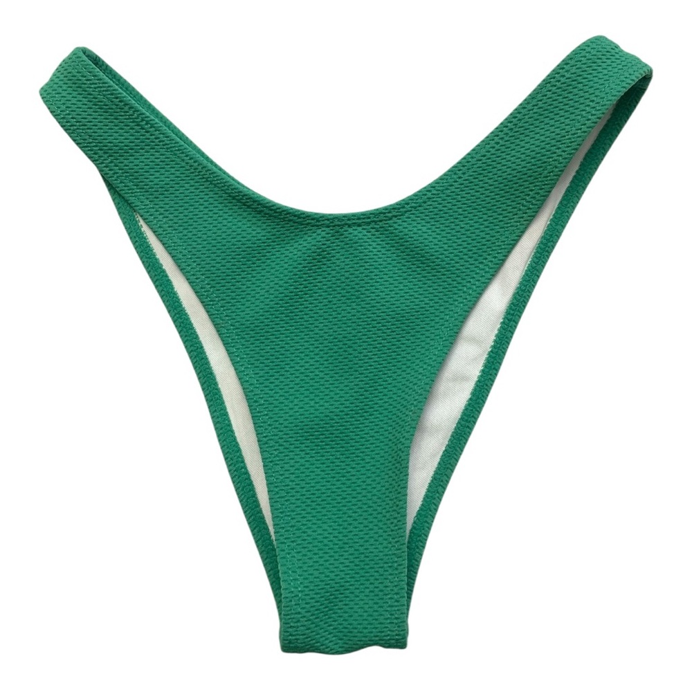 high-cut, V-shaped green bikini bottoms